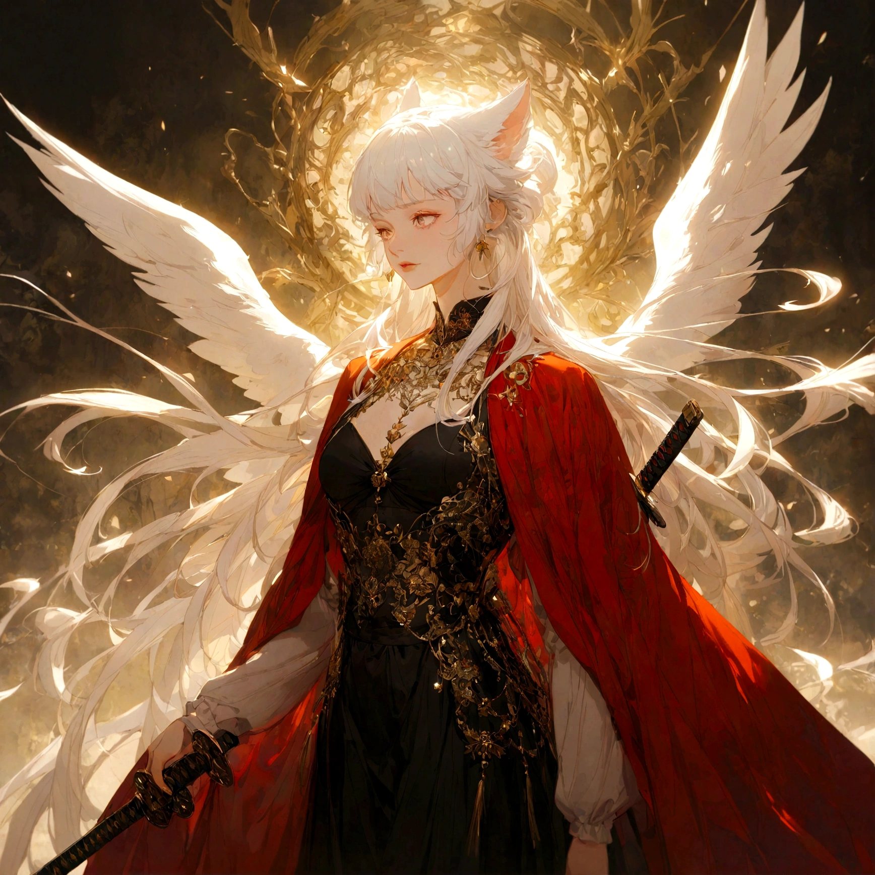 A white haired female fox person in a red trenchcoat wearing a black bustier under it along with a black skirt, has a katana on her back and angel wings