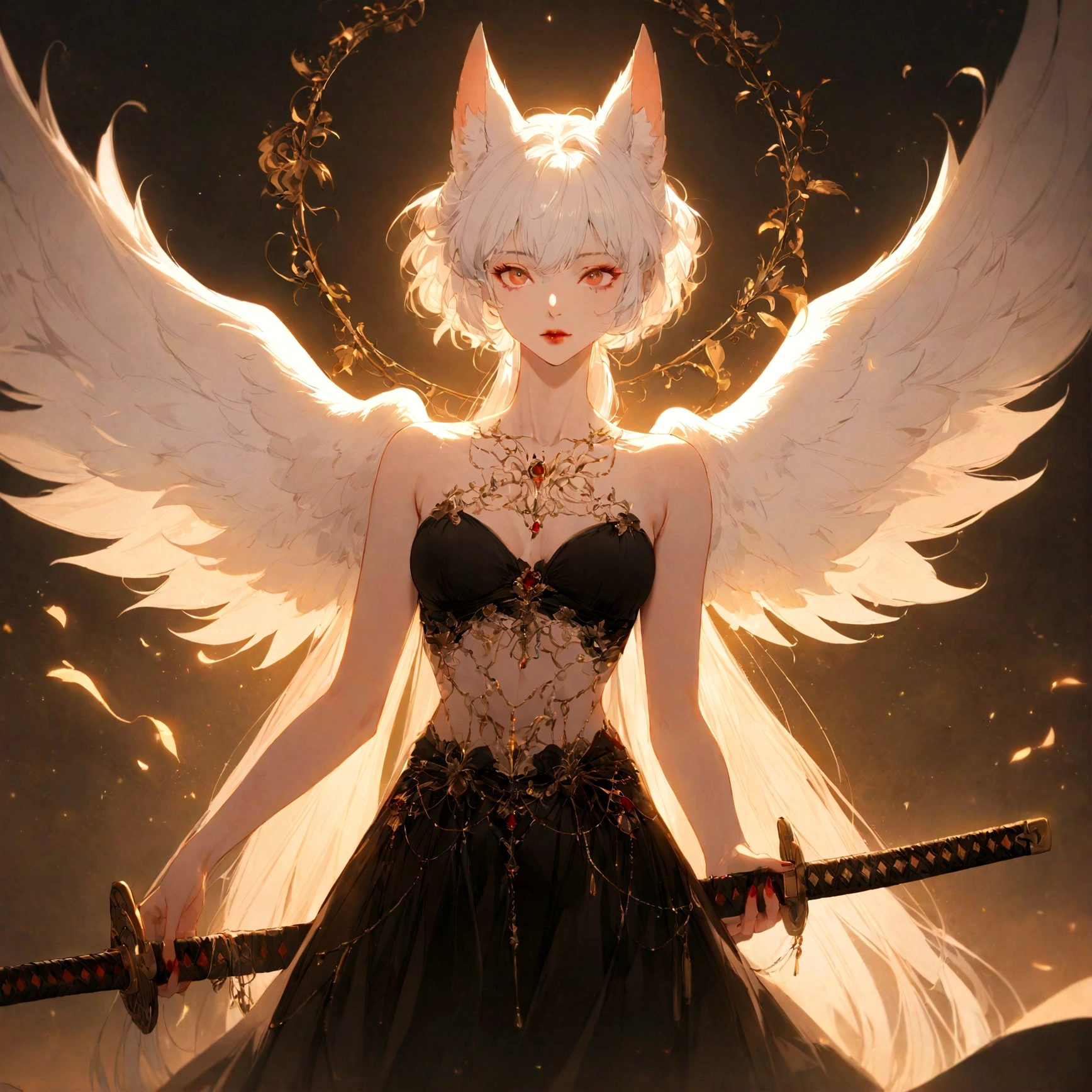 A white haired female fox person in a red trenchcoat wearing a black bustier under it along with a black skirt, has a katana on her back and angel wings
