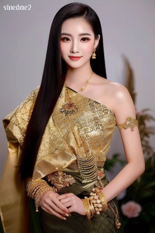 Woman in gold dress poses for photo, traditional beauty, expensive silk, Southeast Asia that has existed for a long time, beautiful oriental woman, Southeast Asians with round faces, very Attractive and beautiful, asian woman, Chinese woman, young asian woman, Chinese girl, Thai anime girl, very very beautiful, Beautiful Asian woman, traditional makeup, Wear gold jewelry, Attractive and beautiful