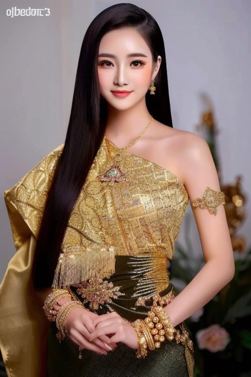 Woman in gold dress poses for photo, traditional beauty, expensive silk, Southeast Asia that has existed for a long time, beautiful oriental woman, Southeast Asians with round faces, very Attractive and beautiful, asian woman, Chinese woman, young asian woman, Chinese girl, Thai anime girl, very very beautiful, Beautiful Asian woman, traditional makeup, Wear gold jewelry, Attractive and beautiful