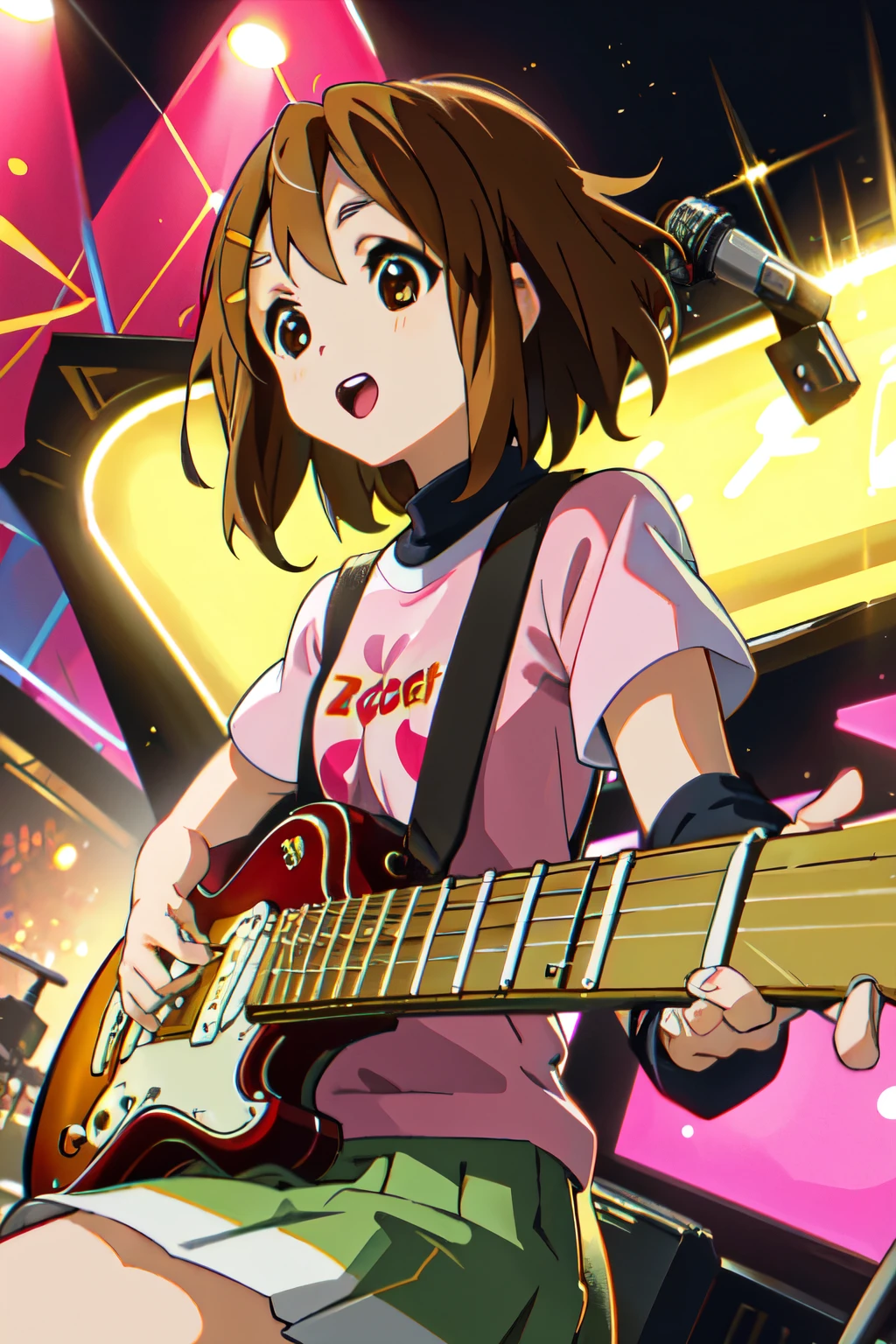 1girl, glam rock outfit, (best quality, masterpiece:1.5), detailed, BREAK (yui hirasawa:1.3)  (playing guitar:1.4), on stage, stage lights, fire