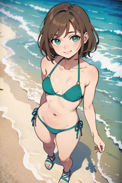 masterpiece, best quality, finely detailed, beautiful, Flat colors, detailed texture, detailed face, a girl, short very light brown hair, green eyes, smiling, medium breasts, blue bikini, blue sandals, standing, on the beach