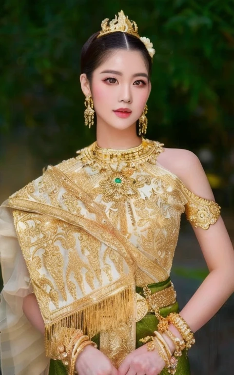 Woman in gold dress poses for photo, traditional beauty, expensive silk, Southeast Asia that has existed for a long time, beautiful oriental woman, Southeast Asians with round faces, very Attractive and beautiful, asian woman, Chinese woman, young asian woman, Chinese girl, Thai anime girl, very very beautiful, Beautiful Asian woman, traditional makeup, Wear gold jewelry, Attractive and beautiful