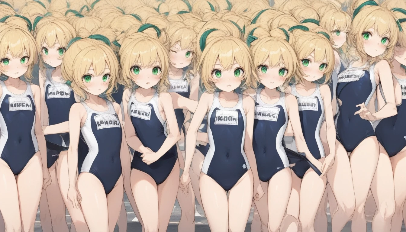 Short stature,flat chest, clone girls, blond hair, green eyes,swimsuit roll(mega man x dive old design) clones,high ponytail hair,Sleeveless navy one piece school swimsuit with white stripes from armpit to flank,white name tag, navy heeled sandals, green ribbon,human appearance,same height,same appearance, same face,fill the entire image, absolutely everyone, many clone, masterpiece, best quality,insanely detailed, 20000+ clone girls, perfect features,multiple clone girls,same school swimsuit,same hair