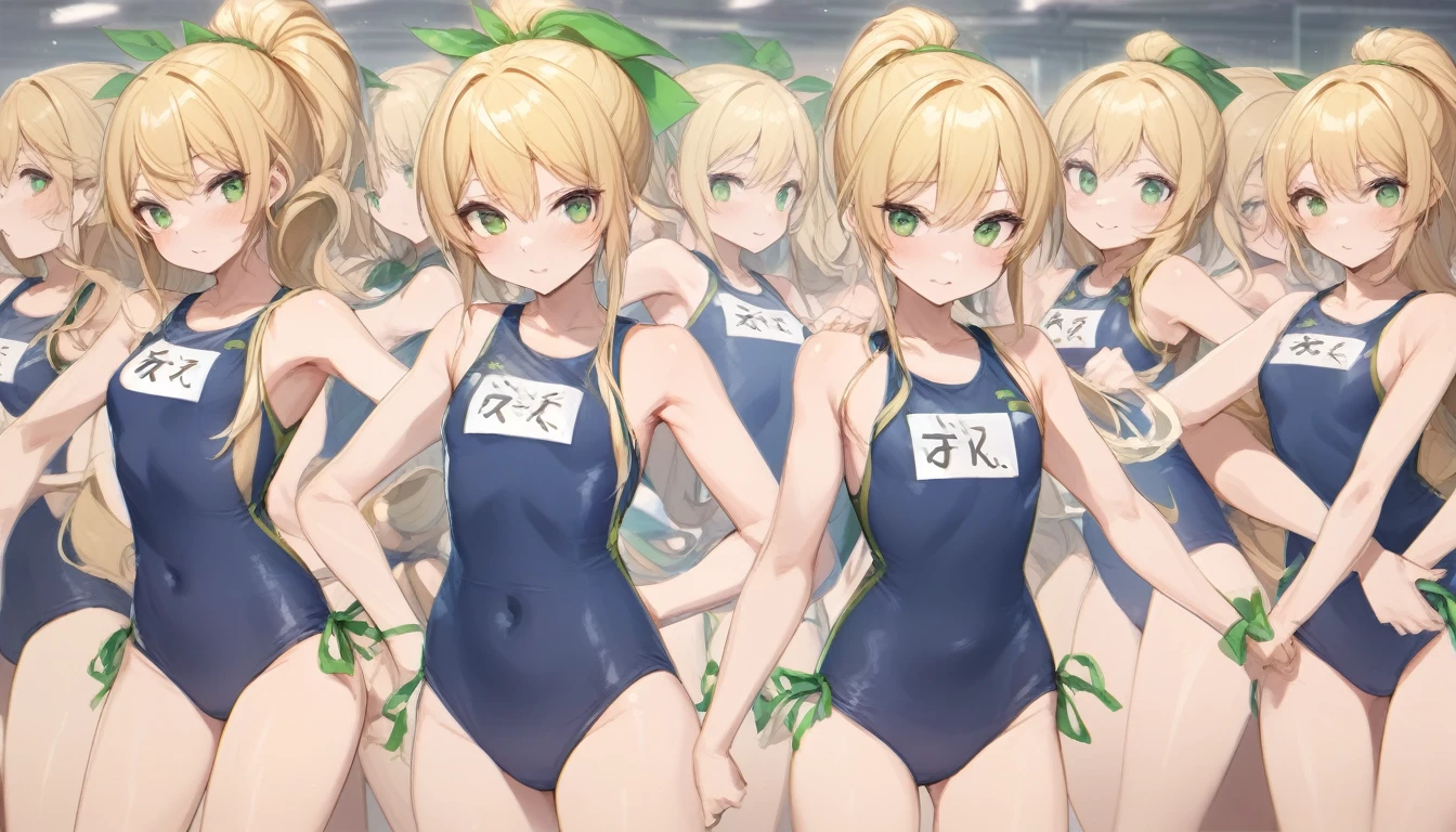 Short stature,flat chest, clone girls, blond hair, green eyes,swimsuit roll(mega man x dive old design) clones,high ponytail hair,Sleeveless navy one piece school swimsuit with white stripes from armpit to flank,white name tag, navy heeled sandals, green ribbon,human appearance,same height,same appearance, same face,fill the entire image, absolutely everyone, many clone, masterpiece, best quality,insanely detailed, 20000+ clone girls, perfect features,multiple clone girls,same school swimsuit,same hair