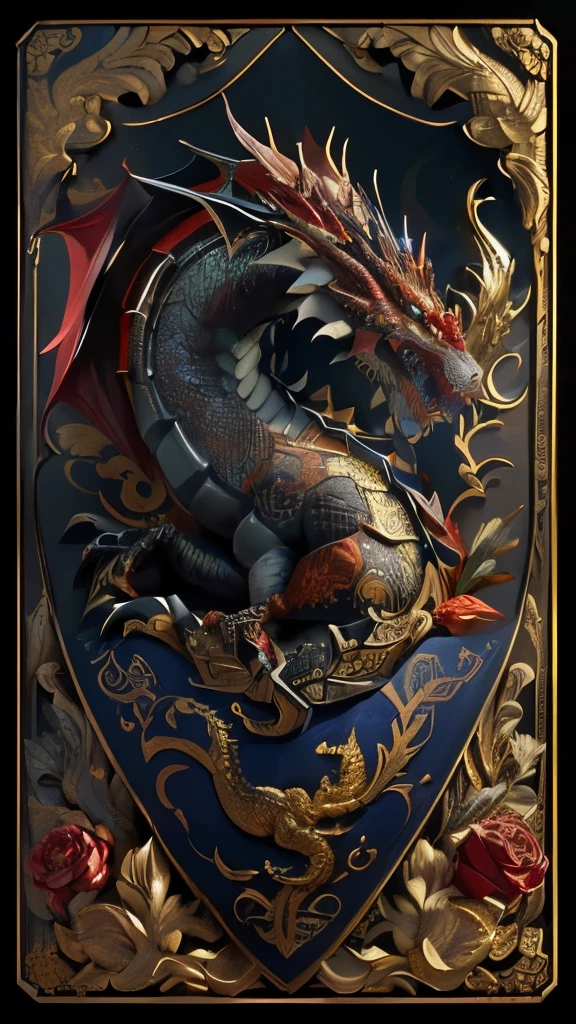 a close-up of a dragon on a shield with red jewels, dragon art, Detailed dragon, escalas intrincadamente detalhadas, Belas artes altamente detalhadas, 8 k de alto detalhe e intrincado, gravuras intrincadamente detalhadas, altamente detalhado e intrincado, criatura altamente detalhada, detalhes intrincados e qualidade, Chinese dragon engraving, altamente detalhado e intrincado, intrincado altamente detalhado 8k