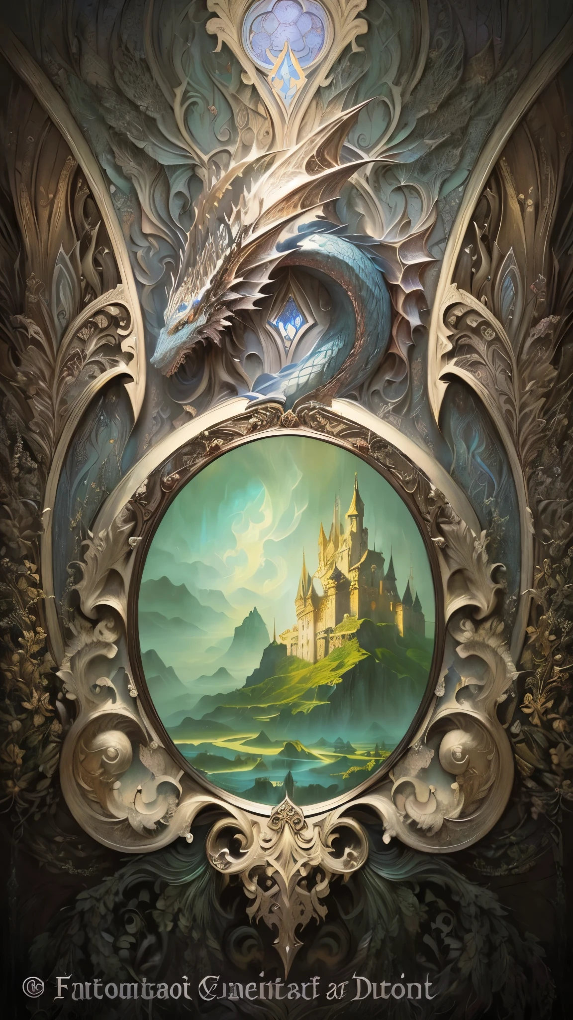 a painting of a dragon and a castle on a mirror, symmetrical epic fantasy art, highly arte de fantasia detalhada, capa do livro de fantasia, epic fantasy novel cover art, capa do livro de fantasia painting, arte da capa detalhada, arte de fantasia detalhada, pintura de fantasia intrincada, fantasy book illustration, arte de fantasia celta, Kerem couplet, por Johfra Bosschart, breathtaking fantasy art