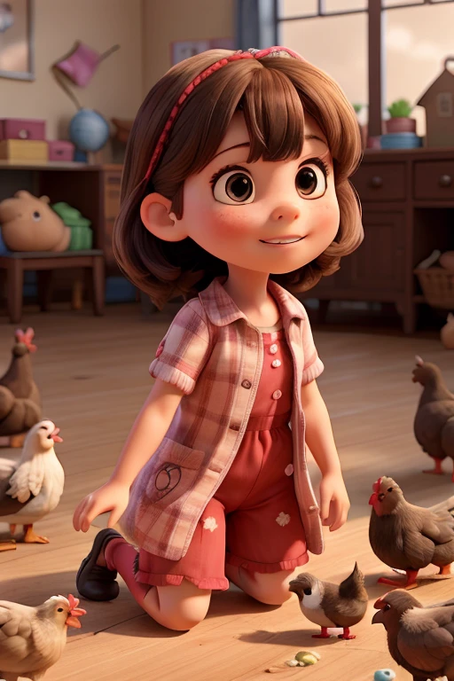 A 4--old l with bangs playing with chickens 