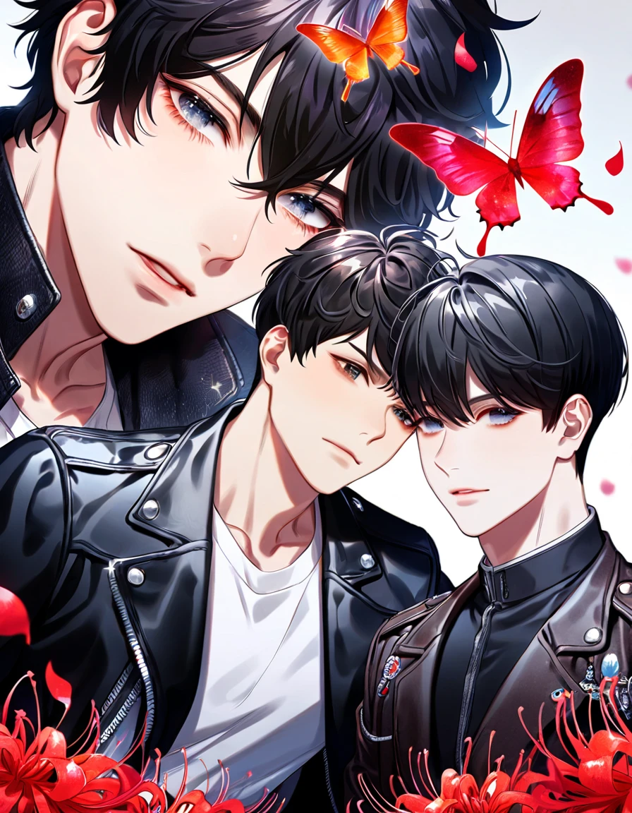 (absurdres, highres, ultra detailed, HDR) master piece, best quality, Han Yoohyun, black messy hair, expressive gray eyes, The S-Classes That I Raised, Han Yoojin, black hair, expressive gray eyes, two sexy men together, gay couple, yaoi, handsome, black leather jacket, white shirt, magical fantasy, red butterflies, glittering, sparkling, red spider lilies, petals, radiant