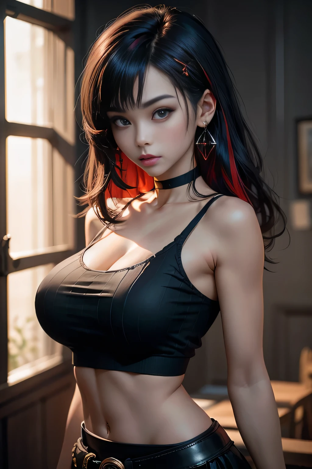 sfw, (masterpiece, best quality, 1girl, solo, intricate details, chromatic aberration), (realistic),(skin), ((breath)),(black hair,blunt bangs),detailed hair, red head ornament, blue highlights, hair over one eye,black eyes, small earrings, sharp eyes, choker,((black crop top )),(black skirt),(belt),open waist,(symmetry eyes),(perfect symmetrical body), night,(((natural light))),backlighting,against grey wall, dim lighting ,look at viewer,((centered shot, from front,(face and waist)))、 wearing bra,((skinny waist)), young asian girl, ((big breasted)),