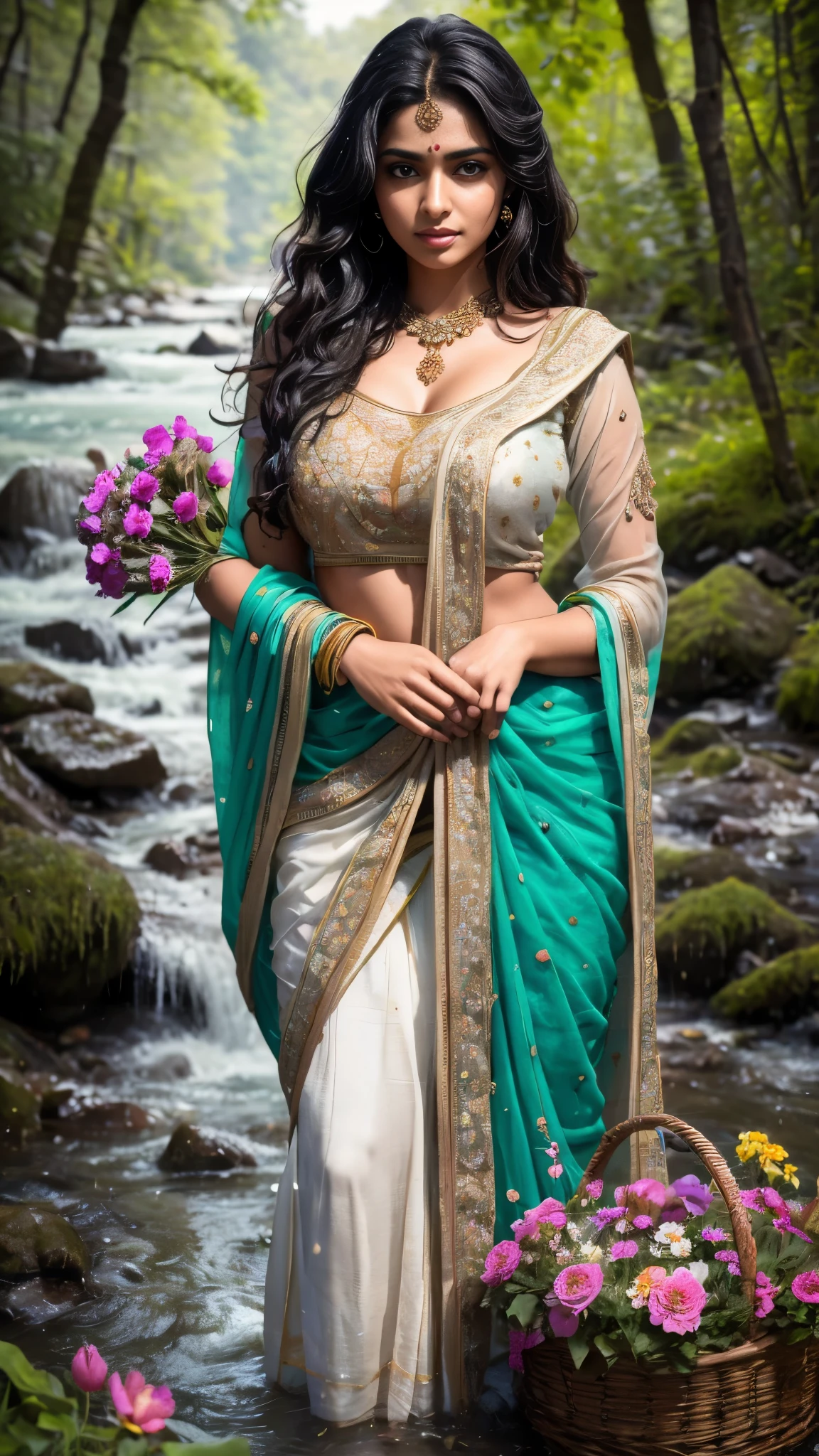 High definition quality photo, A beautiful Indian girl, salwar kameez, standing by a river, with a flower in her hand, looking shyly at the camera, full body, whole body, Beauty looks, colorful butterfly s, indian traditional look, shy look, with beautiful eyes and lips, curly hair, after shower, wet , basket full of flowers, forest, river