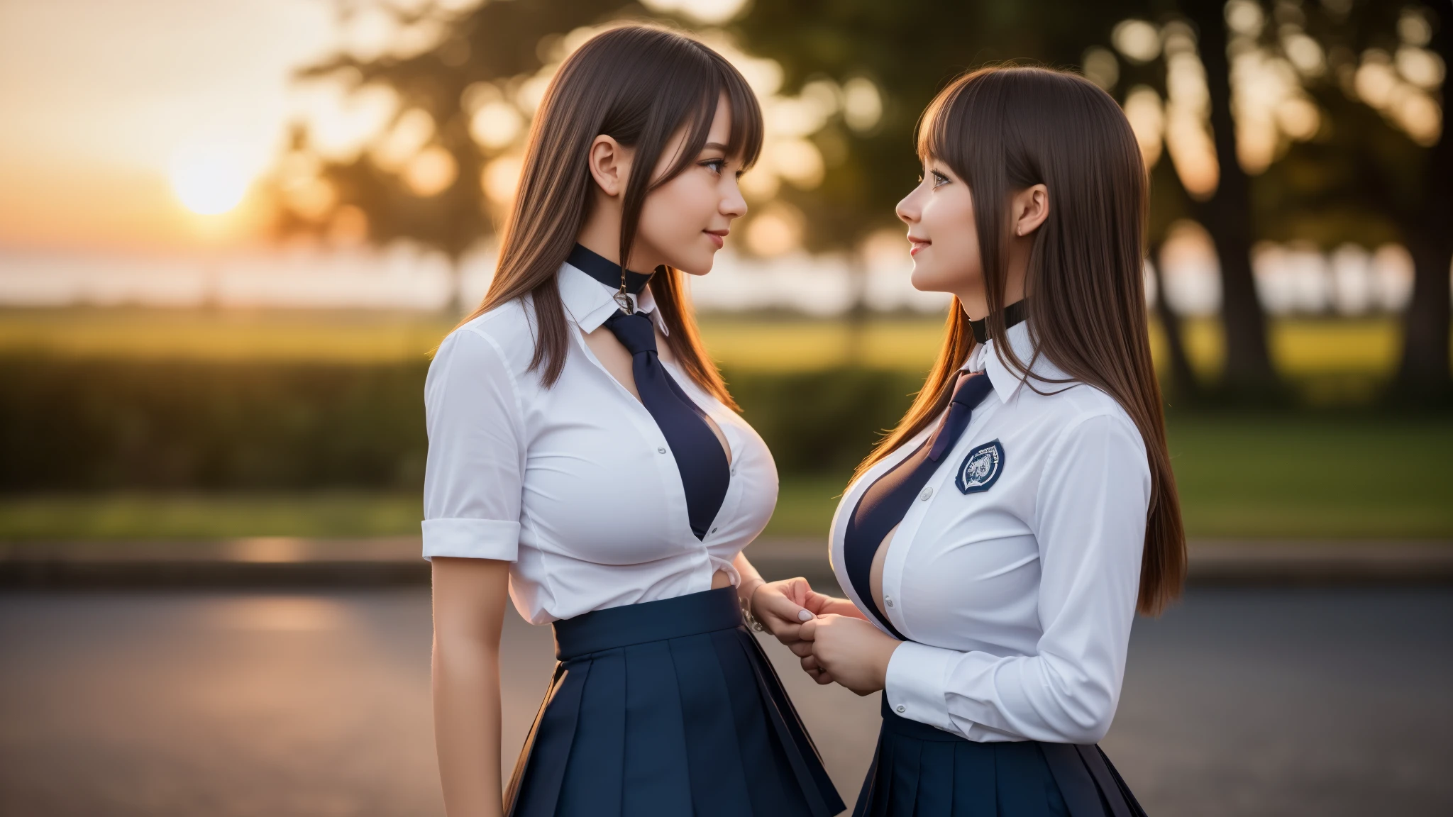 three girls, masterpiece,best qualtiy,hdr, hyper HD, 8K,Bokeh,Ultra-fine painting,Sharp focus,Physically-based rendering,Extreme detail description,portraitures,full-body photo,back turned at viewer, (long bob_cut hair), Sexy smile, choker, (school girl uniform with micro skirt and open shirt:1.2), (in sunset light:1.2), (kissing:1.2), perfect eyes, perfect hands, perfect body, perfect hair, (Big breasts:1.4), (EOS R8, 50 millimeters, F1.2, 8K, RAW photo:1.2), photograph by arny freytag