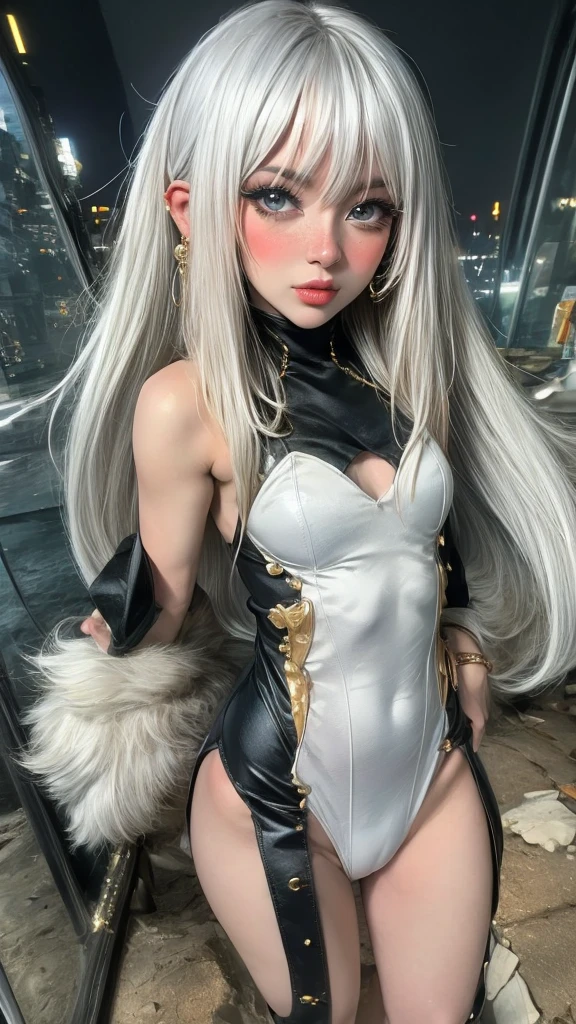 single,1woman\((chibi:1.8),cute,kawaii,,(white hair:1.7),(very long hair:1.7),bumps,(ear\(fluffy white Rabbit-ear\):1.3), (only 1 small rabbit tail on the hip:1.2),(red eye),big eye,beautiful bright eye,white skin color,big hair bow,(suit\(combat suit,(very tight :1.5 ),(show body line:1.2),weapons\)), BREAK ,Background\(rubble city,(close woman), BREAK ,quality\(8K,extremely detailed CG unit wallpaper, artwork master,high resolution,top-quality,top-quality real skin texture,hyperrealistic,increase resolution,RAW photos,best quality,highly detailed,wallpaper,golden ratio\)