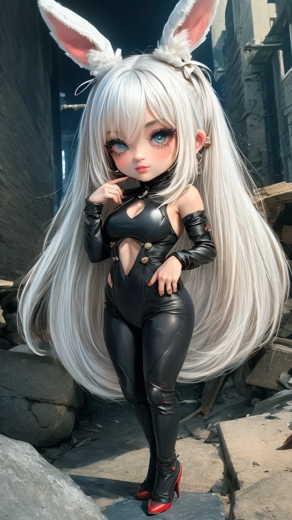 single,1woman\((chibi:1.8),cute,kawaii,**********,(white hair:1.7),(very long hair:1.7),bumps,(ear\(fluffy white Rabbit-ear\):1.3), (only 1 small rabbit tail on the hip:1.2),(red eye),big eye,beautiful bright eye,white skin color,big hair bow,(suit\(combat suit,(very tight :1.5 ),(show body line:1.2),weapons\)), BREAK ,Background\(rubble city,(close woman), BREAK ,quality\(8K,extremely detailed CG unit wallpaper, artwork master,high resolution,top-quality,top-quality real skin texture,hyperrealistic,increase resolution,RAW photos,best quality,highly detailed,wallpaper,golden ratio\)