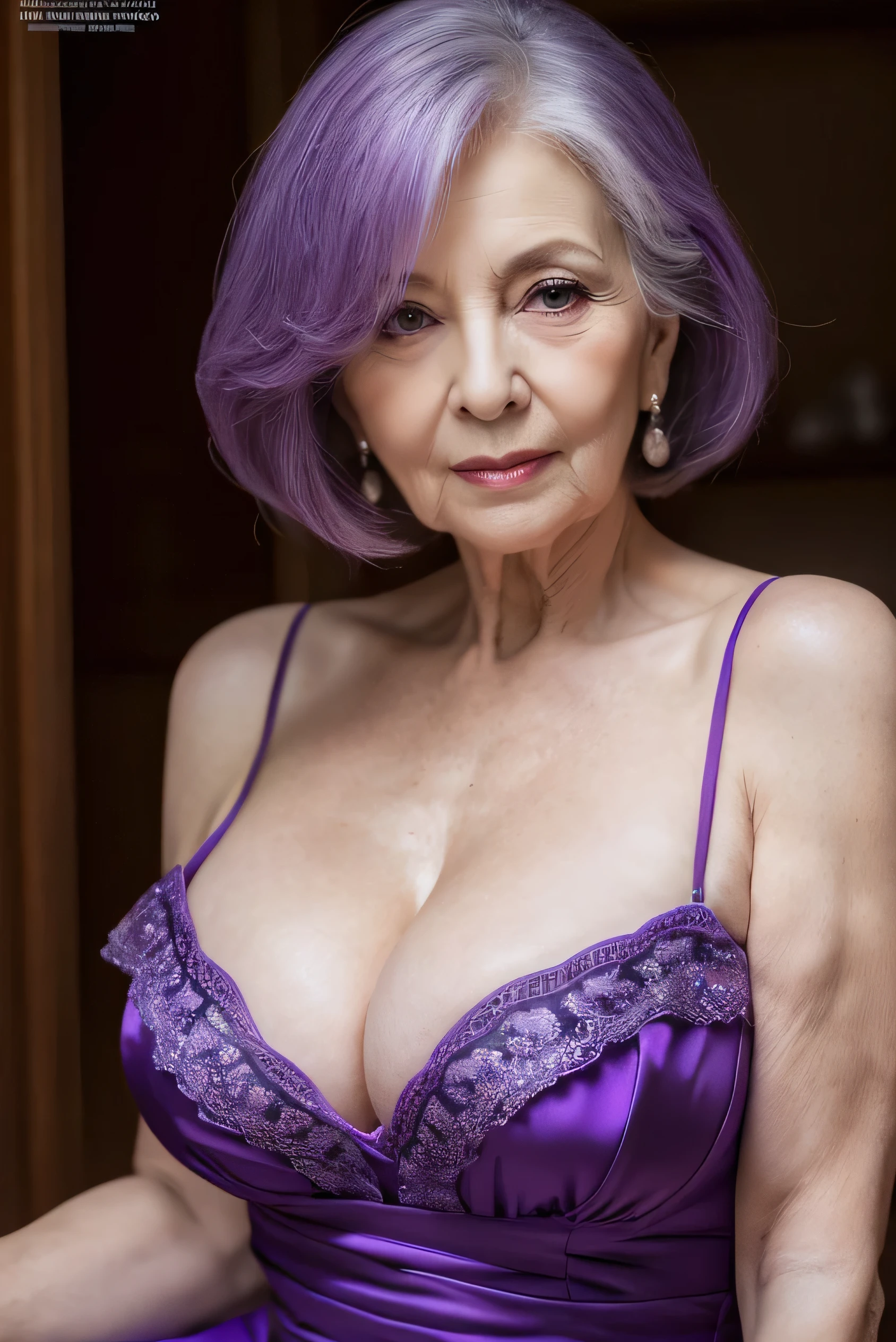 Close-up of 80-year-old very old woman with colorful hair and necklace, sitting naked on the couch, with arms and legs wide apart. thick pubic hair. stunning art style, White Skin Skin. blurred background. Light haze.