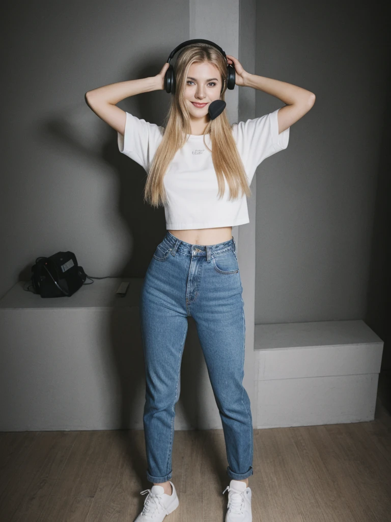 wide angle shot, (((full body))), gorgeous young white woman,21 y.o, sweet face,yellow eyes,downturned eyes,heart shaped lips,straight eyebrows,raised nose,round face,((long shot)) Blonde influencer with natural wavy long hair,Kombiniere klassische Streetwear-Elemente wie Sneaker, jeans with high-quality accessories such as a designer handbag or a luxury watch, um einen modernen und dennoch edlen Look zu kreieren, extravagant , 8k, extremely detailed, Fotorealistisch, komplizierte Details, realistische Hauttextur, realistische Haare, Textur, Cheerful, ((sexy twitch streamer)), ((e-girl)), ((wearing a headset)), (posing in dark computer room)), ((full body)), ((exposed breasts:1.2)), slim, long legs, athletic, ((high cheekbones)), ((blue eyes)), (dynamic pose), (detailed face and eyes: 1.6), ((perfect ass)), beautiful face, high contrast, innocent, smiling. Leica, Ultra-detailed, (lifelike), vivid, intricate details, (((head up))), realism, hyper realistic, (dynamic angle), (sharp focus), smile, perfect body, ((ultra realistic eyes)) ((detailed face)), (((accurate eyes))), sharp focus, Octane Render, Redshift, f/1.4, ISO 200, 1/160s, 8K, RAW, unedited, symmetrical balance, in-frame, symmetrical face, symmetrical body, symmetric hands,flash,flashlight,Extremely Realistic