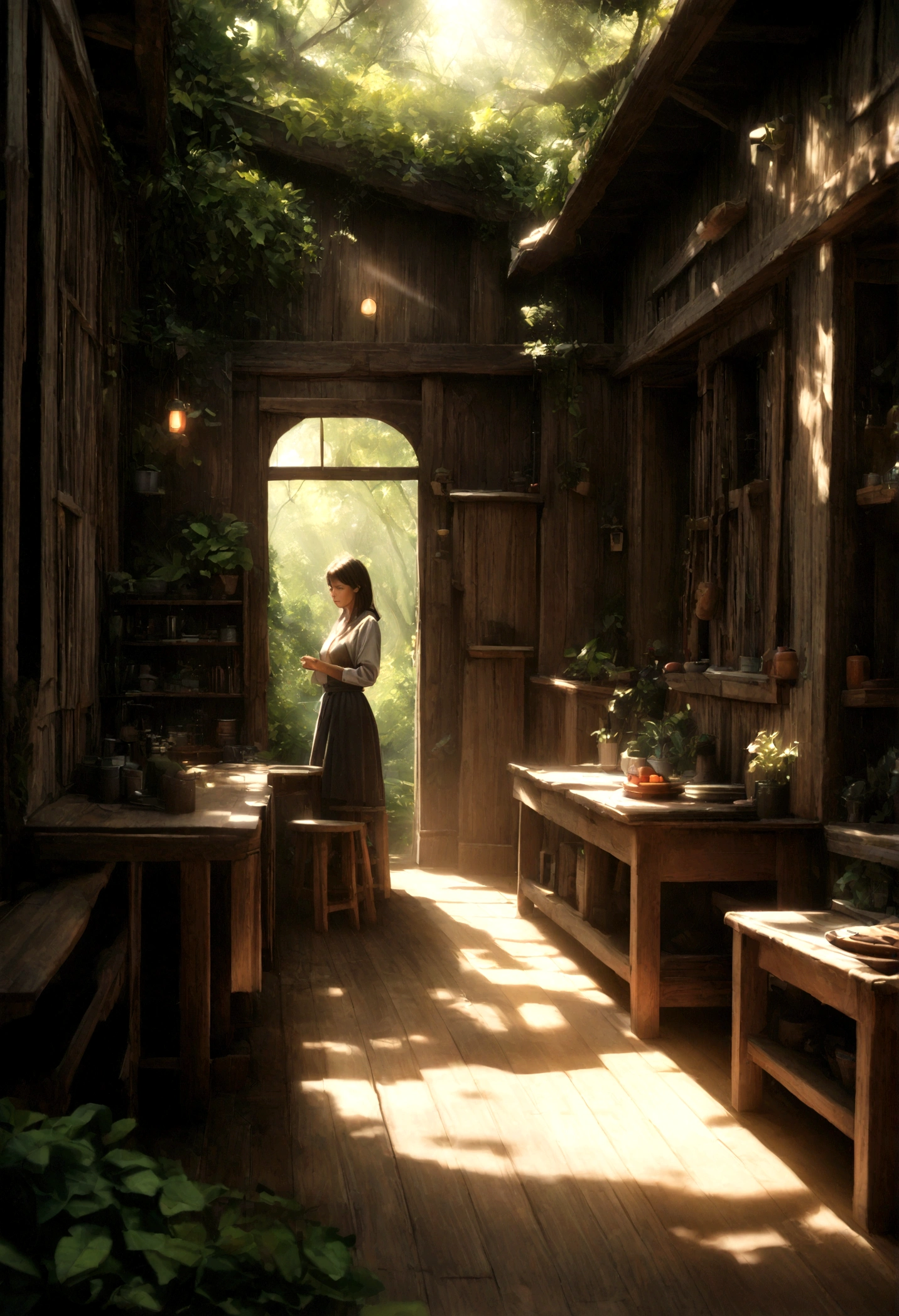 a beautiful woman in a small house in the forest, sunlight filtering through trees, warm lighting, lush foliage, wooden furniture, cozy interior, photorealistic, 8k, highly detailed, cinematic lighting, serene, peaceful, atmospheric

