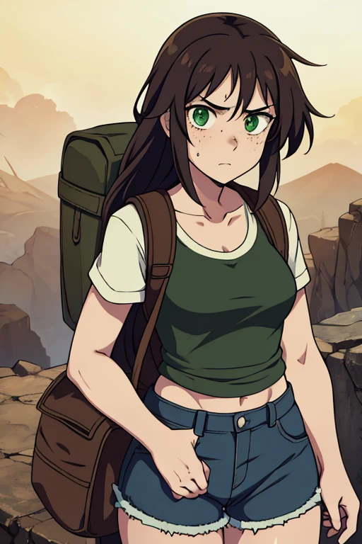 -Anime style- -High quality- -artwork- A beautiful woman, 19 years old, dark and very disheveled hair, green eyes, freckles, a scar on her left eye, dirty, wearing a short t-shirt, shorts and torn pants. , with a large worn brown backpack, totally serious, macabre expression, terrifying look, expressionless, million-yard stare, holding a Sniper
