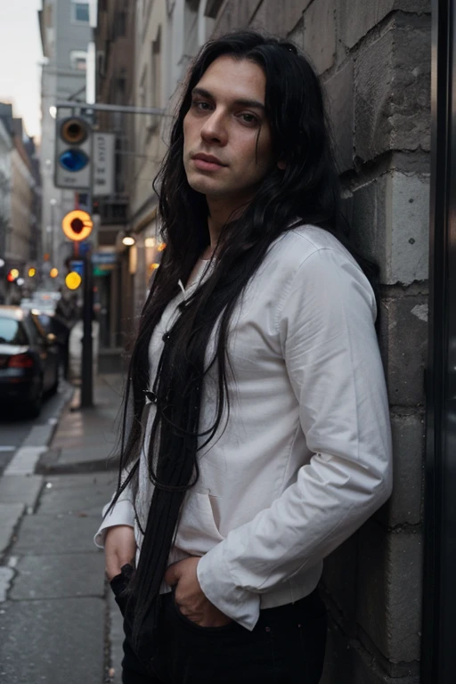 Handsome thin White man goth long black hair cinema