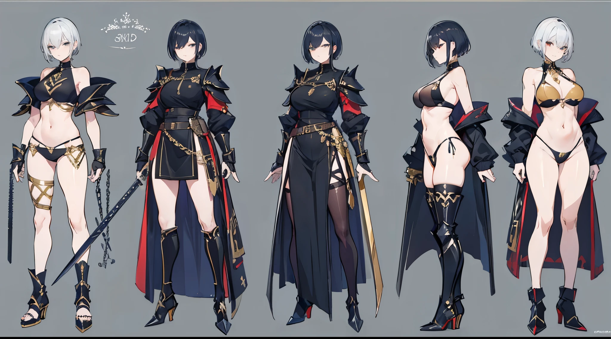 sexy,short hair,black armor,gold chain,chain,big sword,character sheet with all angle,8k,hot,character design sheet, character concept