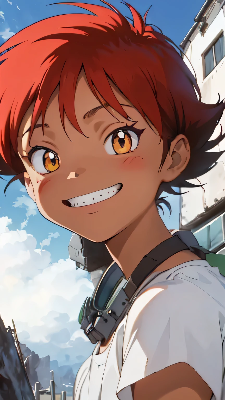 (Radical Ed:1.5), (Edward Wong Hau Pepelu Tivrusky IV), red hair, (Green goggles), white shirt, A once-in-a-millennium masterpiece, A photo you will never get again, Inexplicable high resolution, The cutest girl in the world, Ultra high definition eyes, Eyes that seem to draw you in, Jewel-like eyes, Extreme close up, very slender, clavicle, 13-year-old, spaceship on the background, blue sky, grin, shoulder