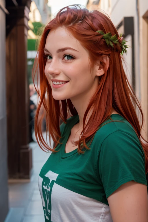 1 Red-haired girl with fair skin, green eyes, smiling, almost red hair, ((best quality)), ((Work of art)), ((full body)), in profile, (detailed), symmetrical human physiognomy, perfect face, facial symmetry, Greek features, photo 9x21