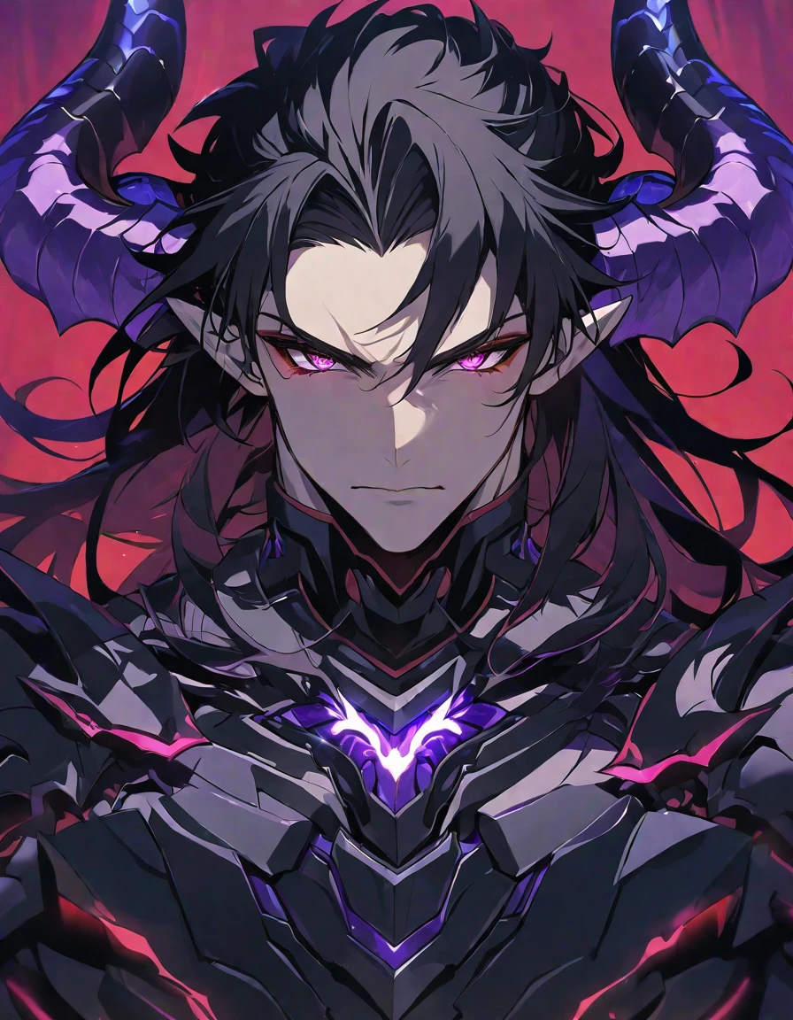 One, handsome, 1 man, with a sporty body, V-shaped body, black detailed armor with glowing purple details, black demonic horns, long hair, black hair, purple with red tones of dragon eyes, purple threads, black light