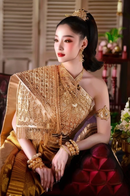 Woman in gold dress poses for photo,The ponytail is very long.,) traditional beauty, expensive silk, Southeast Asia that has existed for a long time, beautiful oriental woman, Southeast Asians with round faces, very Attractive and beautiful, asian woman, Chinese woman, young asian woman, Chinese girl, Thai anime girl, very very beautiful, Beautiful Asian woman, traditional makeup, Wear gold jewelry, Attractive and beautiful