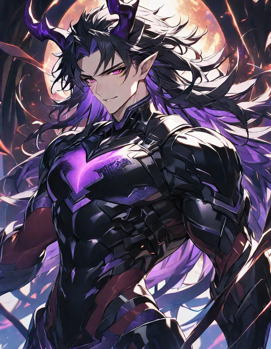 One, handsome, 1 man, with a sporty body, V-shaped body, black detailed armor with glowing purple details, black demonic horns, long hair, black hair, purple with red tones of dragon eyes, purple threads, black light