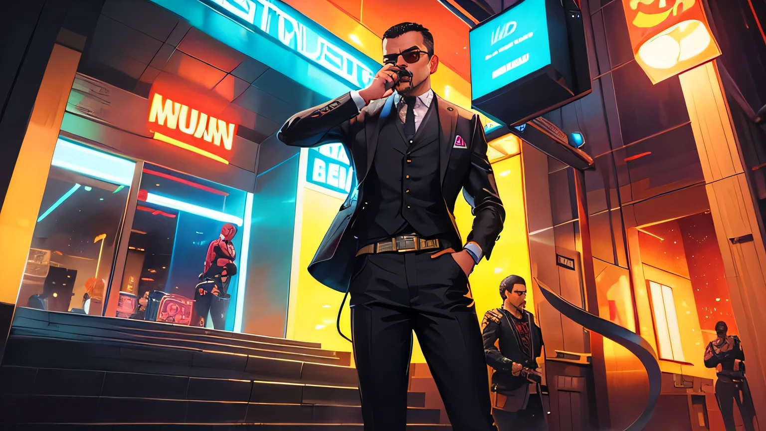 GTA-style artwork a nice gangsta robber casino , masterpiece, best quality, perfect camera angle, masterpiece, HDR, 8k resolution, best quality, black eyes, (vibrant, colourful, color,:1.4), highres, original, extremely detailed wallpaper, , 8k, trending on artstation, pixiv, highly detailed, award winning, (beautiful composition, coherent:1.3), perfect composition, perfect lighting, cinematic lighting, intricate, (symmetrical:0.65), (god rays:0.3), whimsical, by  RHADS, no text, no watermark, photo realistic, ultra details, gta 5 style . Satirical, exaggerated, pop art style, vibrant colors, iconic characters, action-packed