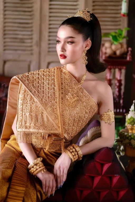 Woman in gold dress poses for photo,The ponytail is very long.,) traditional beauty, expensive silk, Southeast Asia that has existed for a long time, beautiful oriental woman, Southeast Asians with round faces, very Attractive and beautiful, asian woman, Chinese woman, young asian woman, Chinese girl, Thai anime girl, very very beautiful, Beautiful Asian woman, traditional makeup, Wear gold jewelry, Attractive and beautiful