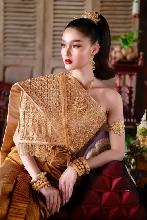 Woman in gold dress poses for photo,The ponytail is very long.,) traditional beauty, expensive silk, Southeast Asia that has existed for a long time, beautiful oriental woman, Southeast Asians with round faces, very Attractive and beautiful, asian woman, Chinese woman, young asian woman, Chinese girl, Thai anime girl, very very beautiful, Beautiful Asian woman, traditional makeup, Wear gold jewelry, Attractive and beautiful