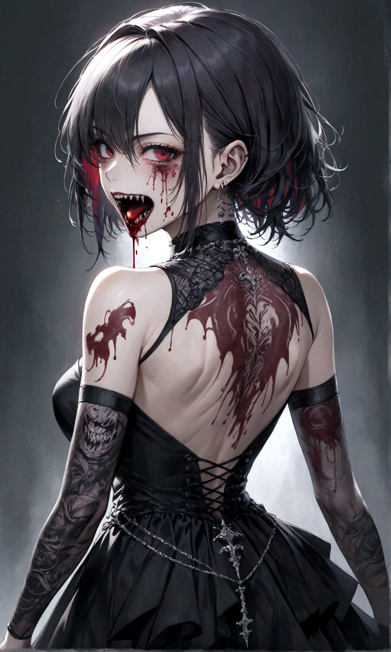 Arafed, Dark fantasy art, fantasy art, goth art, a picture of a ((tattoo: 1.5)) on the back of a female vampire, ((a tattoo of a fanged mouth dripping blood: 1.5)) (intricate details, best quality, masterpiece: 1.5), on the back of the vampire, the tattoo is vivid, intricate detailed coming to life from the ink to real life, shot taken from the back, ((the back is visible: 1.3), she wears a transparent black dress, bare back, the dress is elegant, flowing, gothic style dress, dynamic hair color, dynamic hair style, dark novel