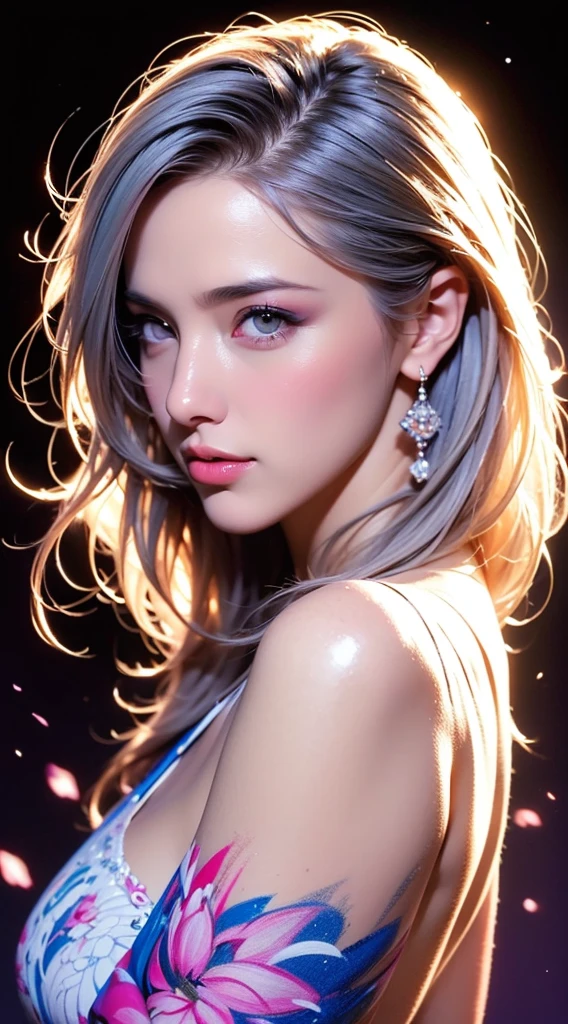 Best quality, Masterpiece, (Realistic:1.2), 1 girl, Detailed face, Beautiful eyes, (Masterpiece:1.2, Best quality), (fine detailed beautiful eyes: 1.2), (Extremely detailed Cg Unity 8K wallpaper, Masterpiece, Best quality, Ultra-detailed, Best shadow), (Detailed background), (Beautiful detailed face, Beautiful detailed eyes), High contrast, (Best illumination, An extremely delicate and beautiful),1girll,((colourful paint splashes on transparent background, Dulux,)), Dynamic Angle, beautiful detailed glow, full bodyesbian, Cowboy shot, White hair, Purple eyes, Best quality, Masterpiece, (Realistic:1.2), lotus flower, Glowing, In the night sky, Full of stars, The is very detailed, Ultra-high resolution, Ultra-high quality,