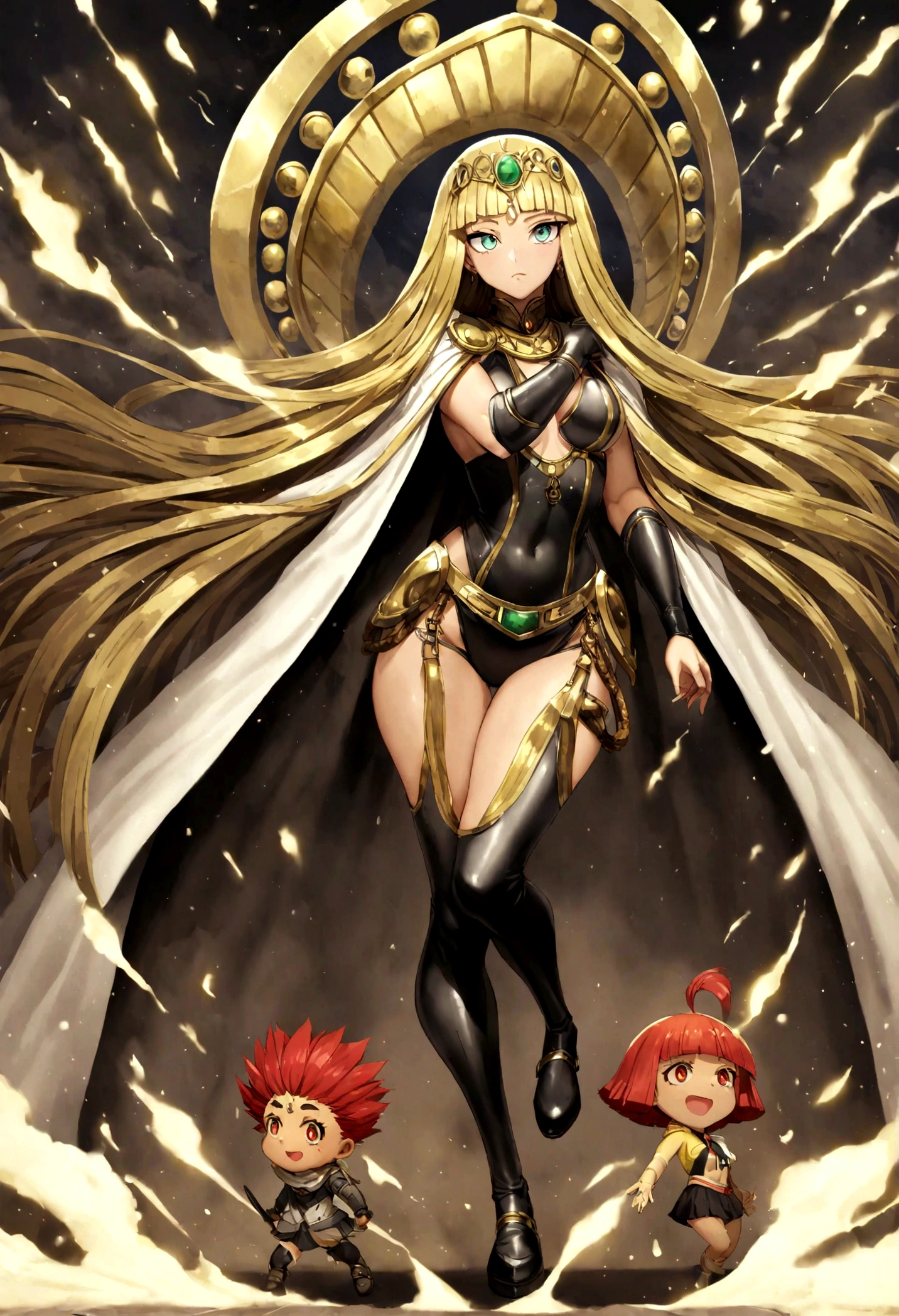 (mejor calidad), 1 chica, fondo detallado egipcio, paisaje egipcio, chica egipcia, piel morena, ojos amarillos, peinado de cleopatra, pelo negro, tiara de oro con adorno de serpiente, buen cuerpo, pechos grandes, trasero grande, full body and black lingerie.