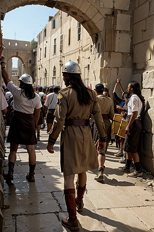 Joshua and Israelites marching, walls falling