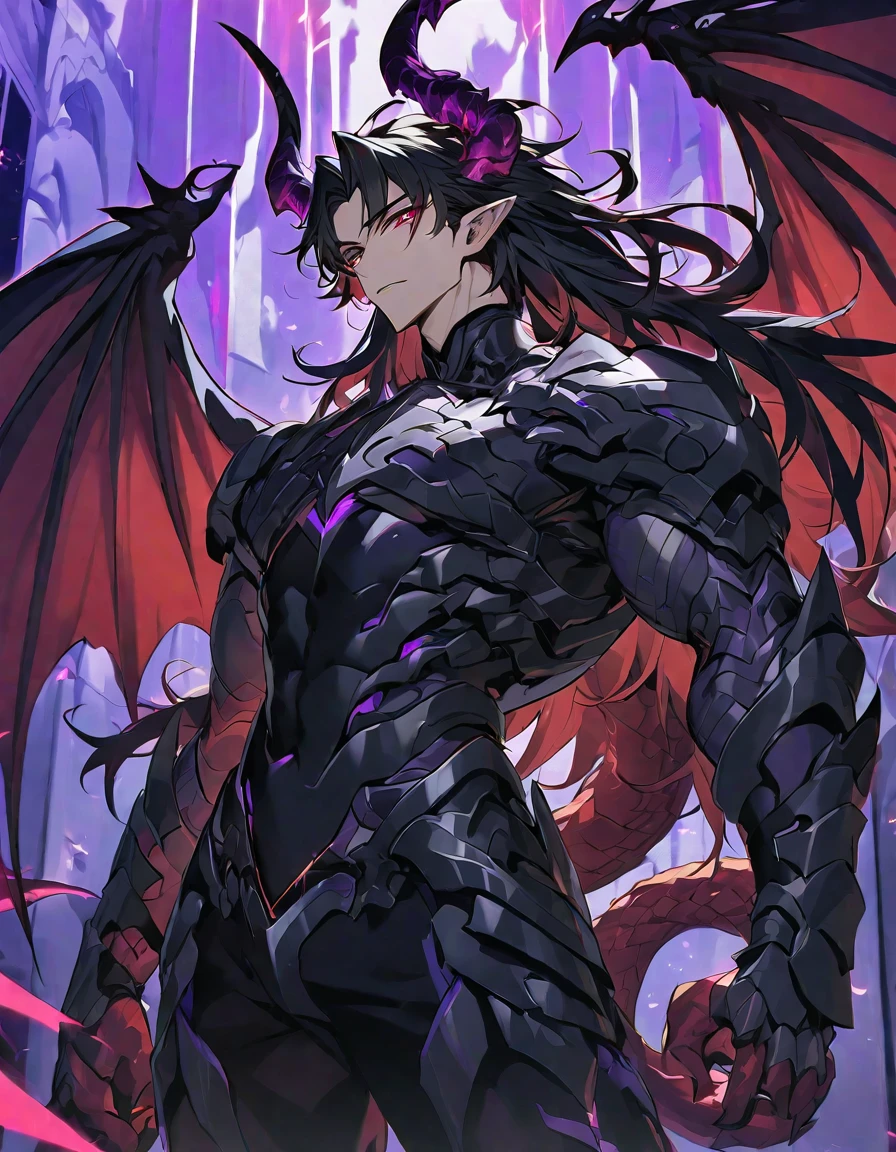 One, handsome, 1 man, with a sporty body, V-shaped body, black detailed armor with glowing purple details, black demonic horns, with large and long dragon wings, long hair, black hair, purple with red tones reptile eyes, purple threads, black light