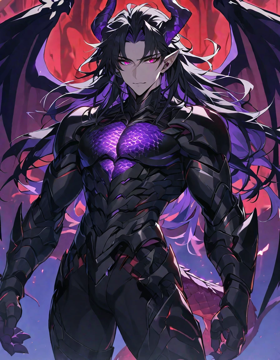 One, handsome, 1 man, with a sporty body, V-shaped body, black detailed armor with glowing purple details, black demonic horns, with large and long dragon wings, long hair, black hair, purple with red tones reptile eyes, purple threads, black light