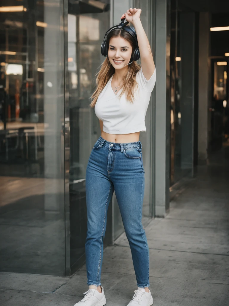 Lucia sonriente con jeans rotos que se ven lindas piernas y con botines caminando en brodway