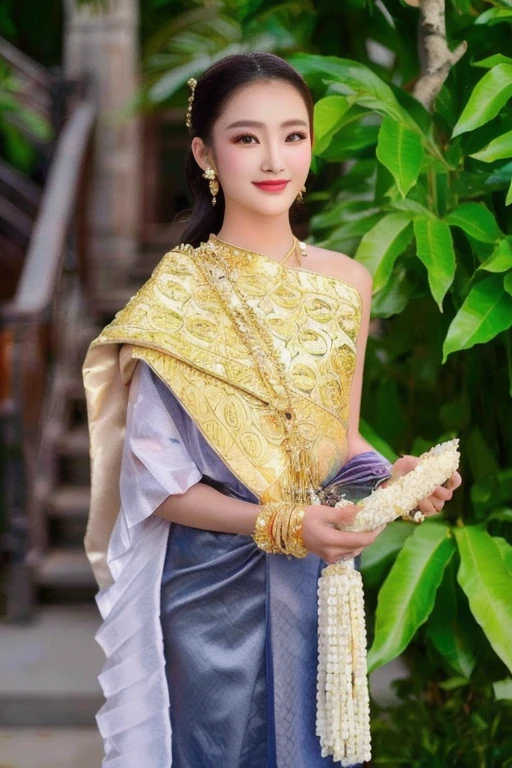 Woman in gold dress poses for photo,The ponytail is very long.,) traditional beauty, expensive silk, Southeast Asia that has existed for a long time, beautiful oriental woman, Southeast Asians with round faces, very Attractive and beautiful, asian woman, Chinese woman, young asian woman, Chinese girl, Thai anime girl, very very beautiful, Beautiful Asian woman, traditional makeup, Wear gold jewelry, Attractive and beautiful