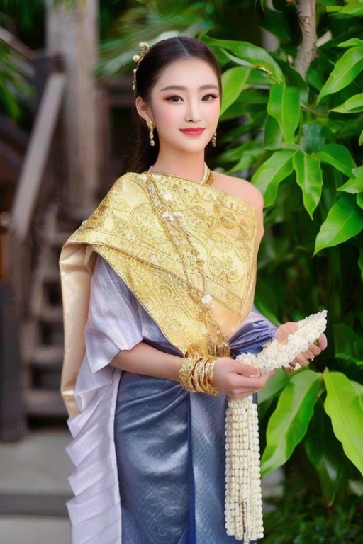 Woman in gold dress poses for photo,The ponytail is very long.,) traditional beauty, expensive silk, Southeast Asia that has existed for a long time, beautiful oriental woman, Southeast Asians with round faces, very Attractive and beautiful, asian woman, Chinese woman, young asian woman, Chinese girl, Thai anime girl, very very beautiful, Beautiful Asian woman, traditional makeup, Wear gold jewelry, Attractive and beautiful