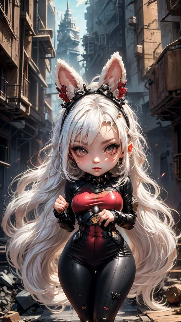 single,1woman\((chibi:1.8),cute,kawaii,Little boy,(white hair:1.7),(very long hair:1.7),bumps,(ear\(fluffy white Rabbit-ear\):1.3), (red eye),big eye,beautiful bright eye,white skin color,big hair bow,(suit\(combat suit, (very tight :1.5),(show body line:1.2),weapons\ )), BREAK ,Background\(rubble city,(close up woman), BREAK ,quality\(8K,extremely detailed CG unit wallpaper, masterpiece,high resolution,top-quality,top-quality real texture skin,hyperrealistic,increase resolution,RAW photos,best quality,very detailed,wallpaper,golden ratio\)