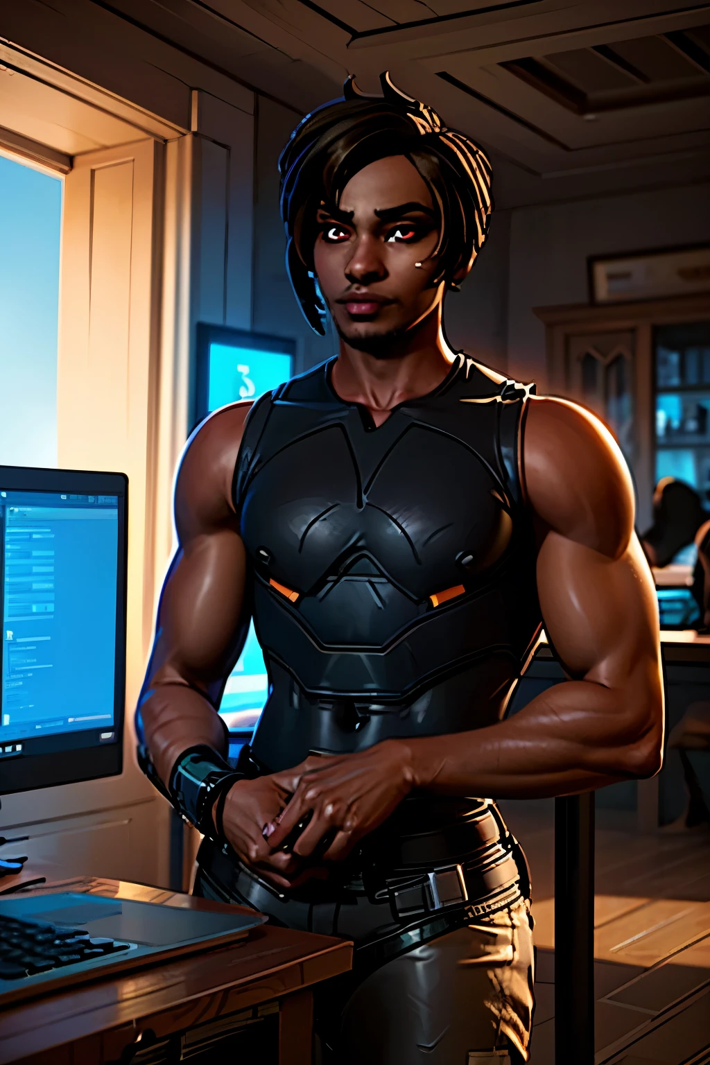 Young man with mixed brown skin tone WITH LONG BLACK HAIR CARRYING A COMPUTER PHONE HOLDING TWO MONITORS SITTING IN ROOM of cyberpunk sci-fi tropical island., brilhante, detalhado, 8k, intrincado, Fantastic, anime vibe, colorido, brilhante, lindo, reggae