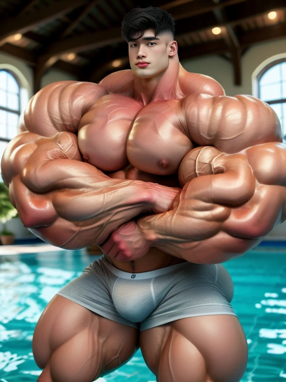 1 asian boy, undercut black haircut, bodybuilder pose, indoor, in the swimming pool arena, strong body, bulk, naked, wear white triangular underwear, bulge, very big, brutalmass, giant, muscular body, bulk, massive body, large meaty body size, brown veiny skin, big arms, ballooning meaty pecs, big butt. wet, UHD, Realistic, intricate detail, illuminating light