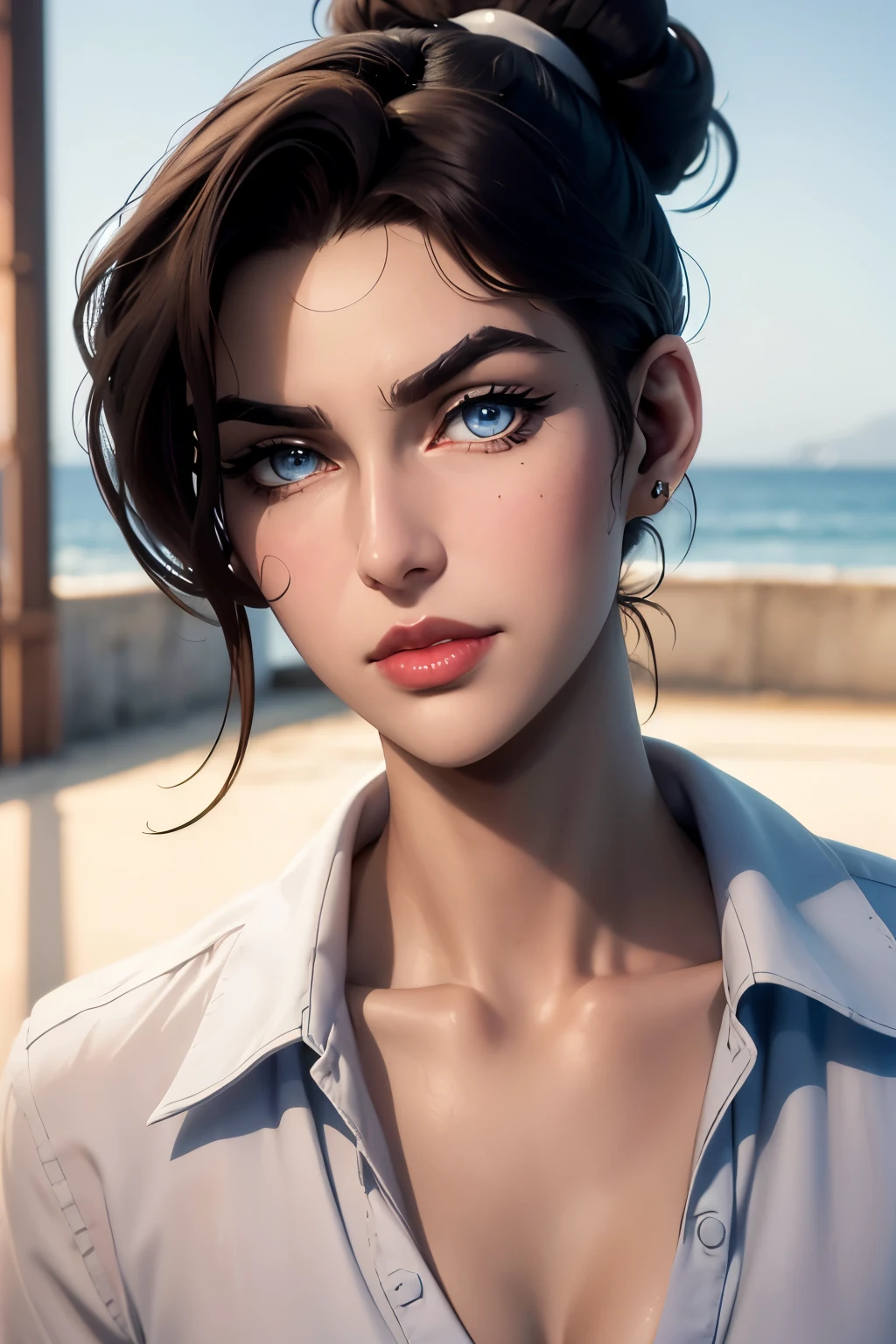 ((( portrait))) of beautiful brunette (female) in her 30s ,mature look, (small mouth) but (thick kissable lips), shy gaze, ((((tiny snob nose)))) ,( prefect shaped eyes),((blue eyes)) ,long eyelashes, eyeliner ,((( thick eyebrows))) , charming, cute , ((( sleek slicked back hair bun ))), ( black hair), fair skin, modern look, stylish , classy, wearing Unbuttoned classic shirt, clivage , Castlevania style