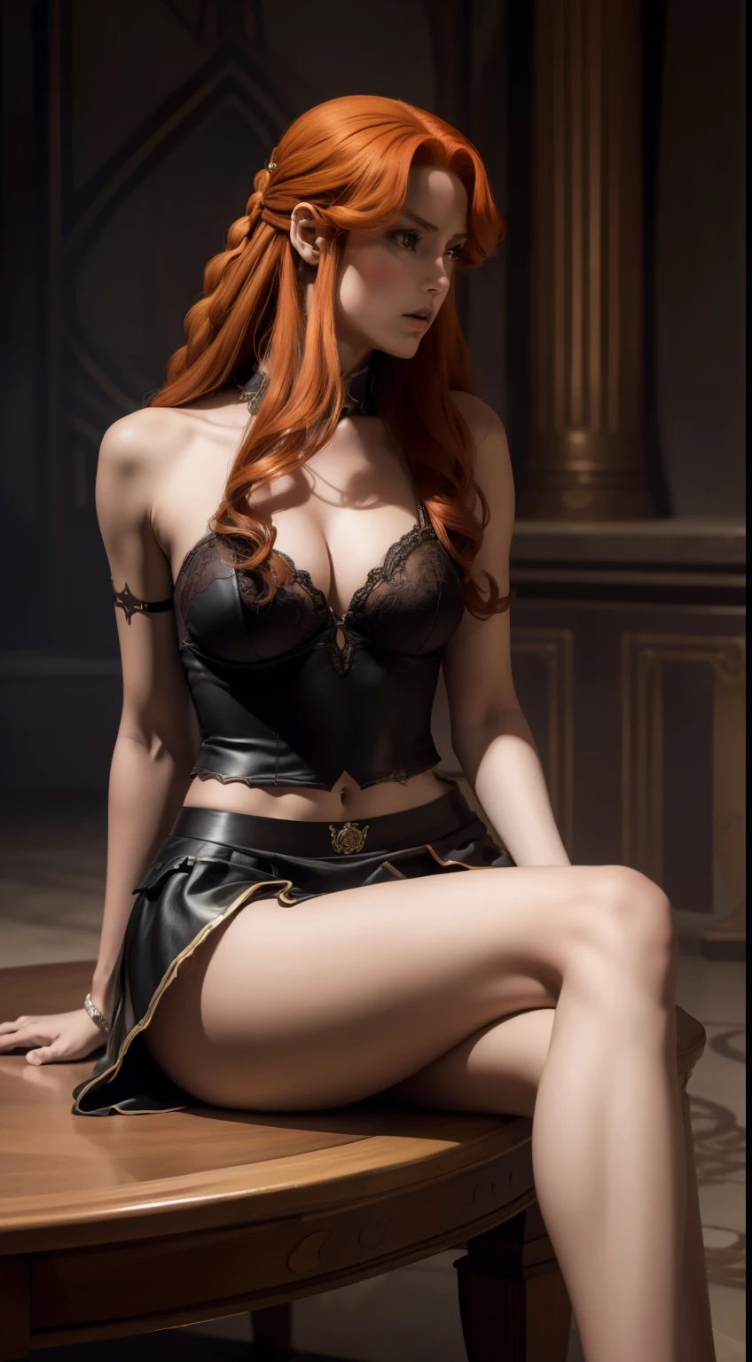 ((foto de corpo inteiro)), ((foto realista)), 1 girl, (colete: 1.2), 8k, high-res, pele finamente detalhada, lingerie, seios enormes, lenore from castlevania, vampire, red hair, skirt, sitting, toned legs, heels, dominant, low angle, upskirt, athletic, skinny, toned, smaller body, thin waist, from below, crossed legs, highly detailed realisticly proportioned legs, toned legs