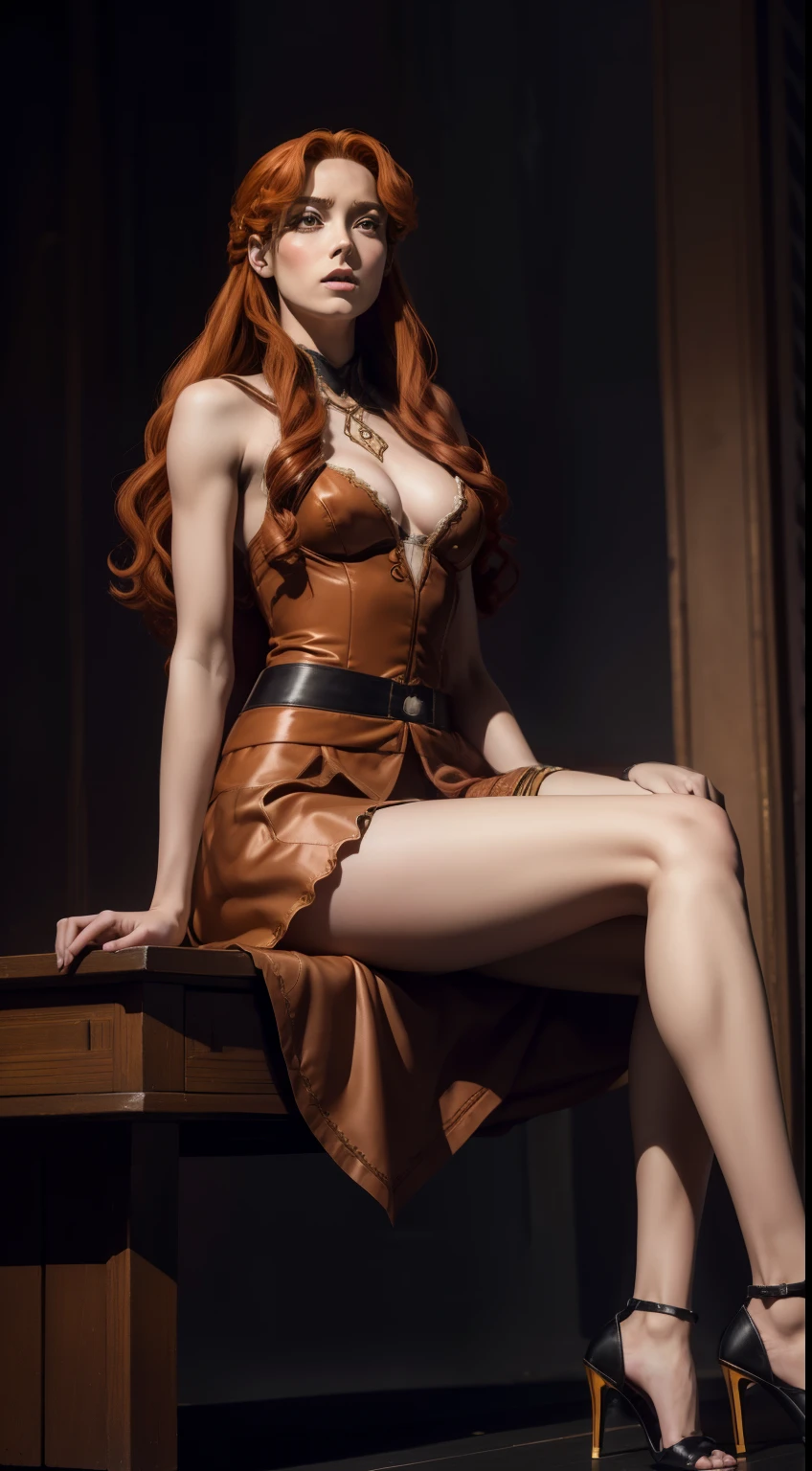 ((foto de corpo inteiro)), ((foto realista)), 1 girl, (colete: 1.2), 8k, high-res, pele finamente detalhada, lingerie, seios enormes, lenore from castlevania, vampire, red hair, skirt, sitting, toned legs, heels, dominant, low angle, upskirt, athletic, skinny, toned, smaller body, thin waist, from below, crossed legs, highly detailed realisticly proportioned legs, toned legs