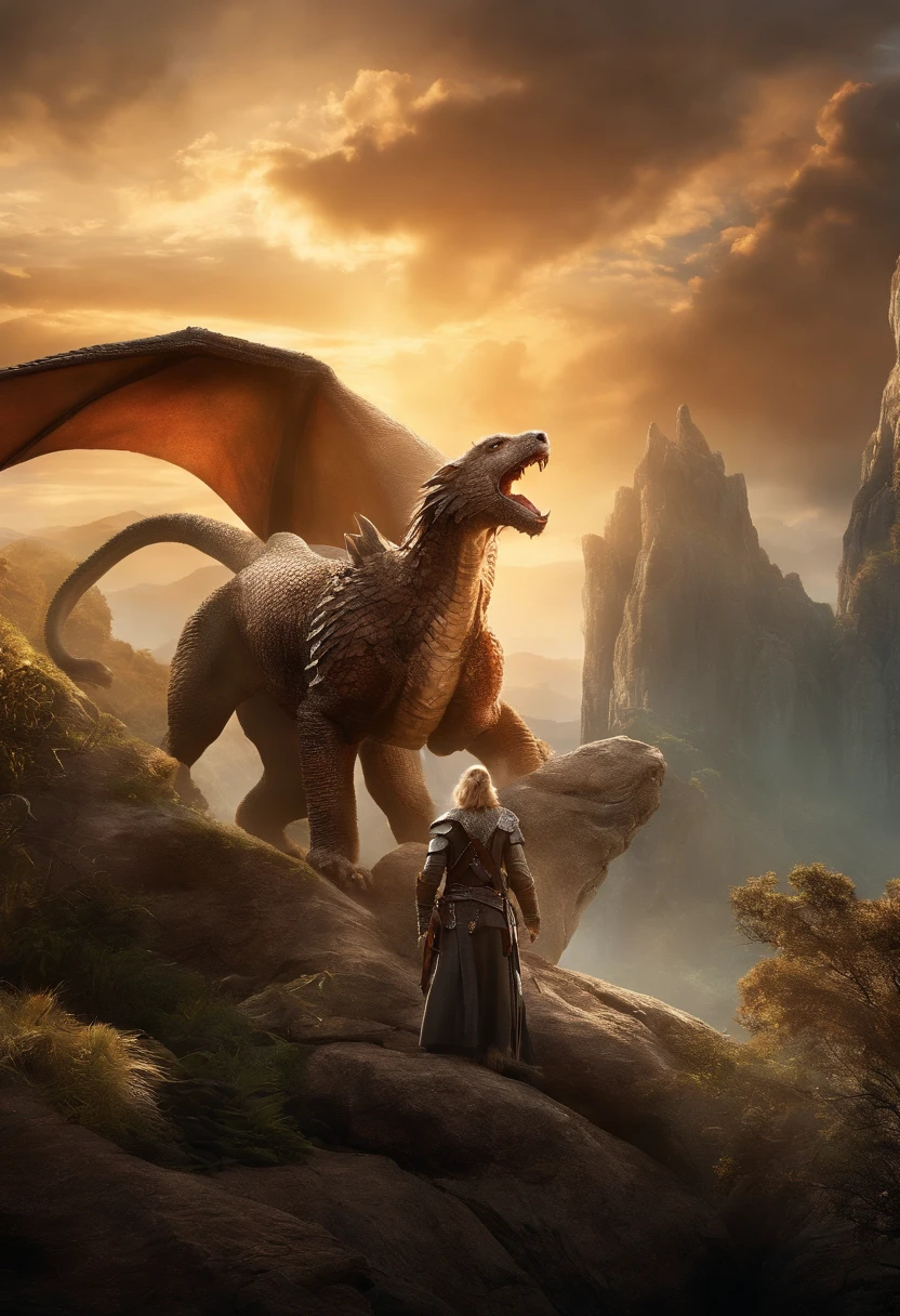 (a detailed, epic, and tense battle scene unfolds. A brave warrior, accompanied by a Bedlington terrier, wields a magic sword, engaging in a fierce combat with a powerful dragon. The scene is filled with awe-inspiring, high-quality visual effects, bringing the fantasy world to life. The fantastical atmosphere is enhanced by vibrant colors and dramatic lighting, creating a sense of wonder and adventure.)