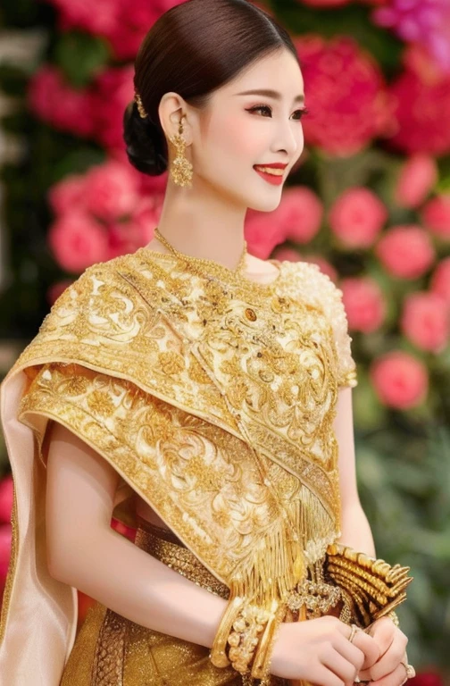 Woman in gold dress poses for photo,The ponytail is very long.,) traditional beauty, expensive silk, Southeast Asia that has existed for a long time, beautiful oriental woman, Southeast Asians with round faces, very Attractive and beautiful, Thai anime girl, very very beautiful, Beautiful Asian woman, traditional makeup, Wear gold jewelry, Attractive and beautiful