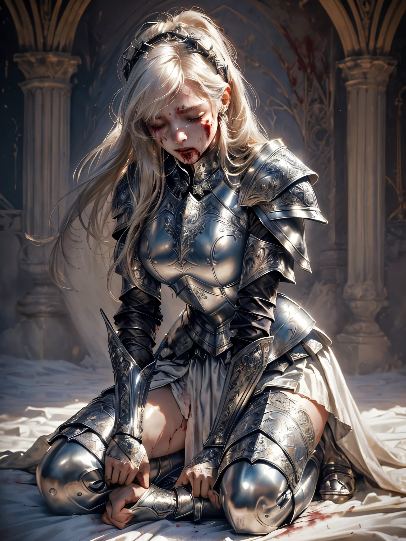 masterpiece, best quality photo,, (medieval fantasy:1.4), a princess knight is kneeling and crying in head down posture, 25 years old female knight is feeling pain and terrified, (detailed clothes; fancy armor, engraved metal armor, fancy silk skirt and white linen stocking on legs:1.3), (detailed facial expression; pale, extremely beautiful, crying, closed eyes:1.3), rich disheveled hair:1.1, ((bloodied outfit:1.3))